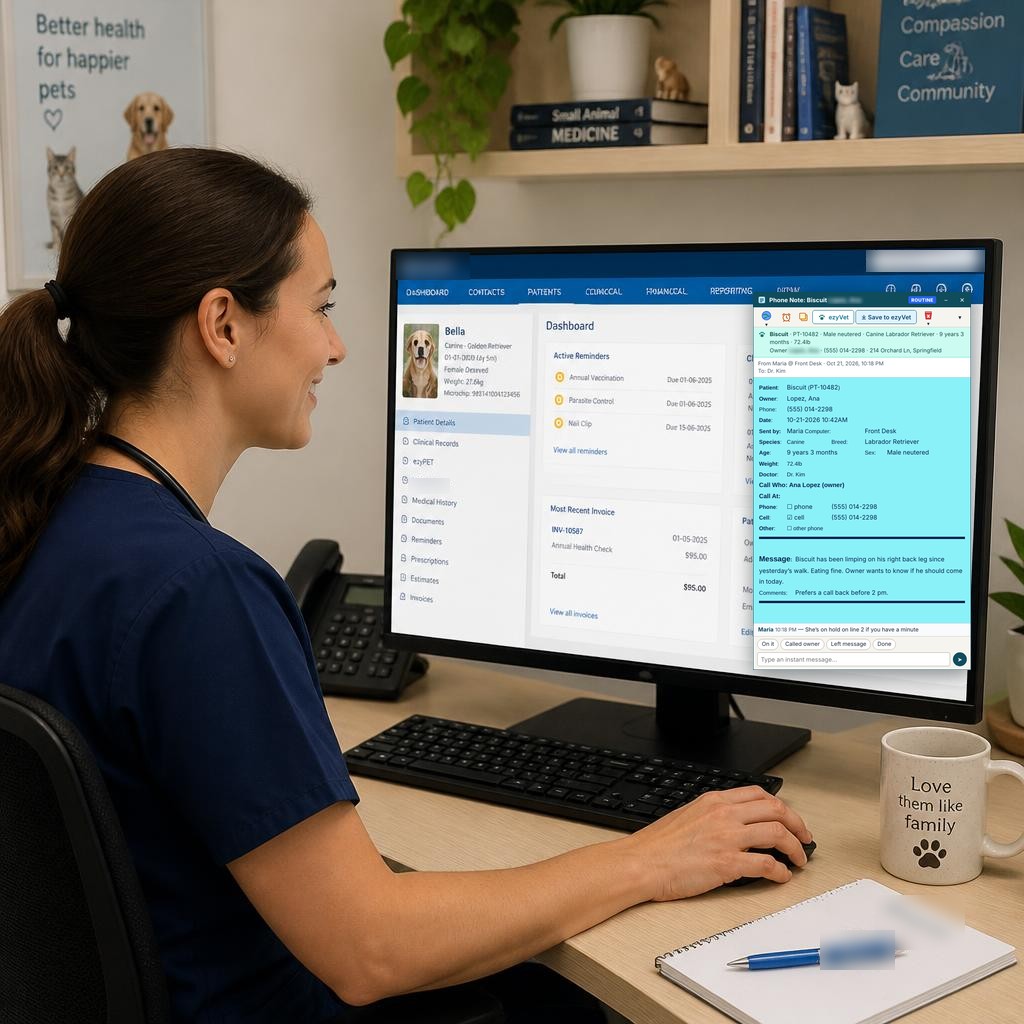 A veterinarian at her desk computer with a PawPosts phone-call note floating on the right of her screen