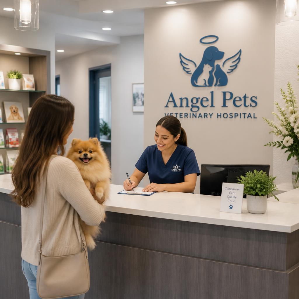 A receptionist writing a note at the front desk while a client holding a Pomeranian waits at the counter