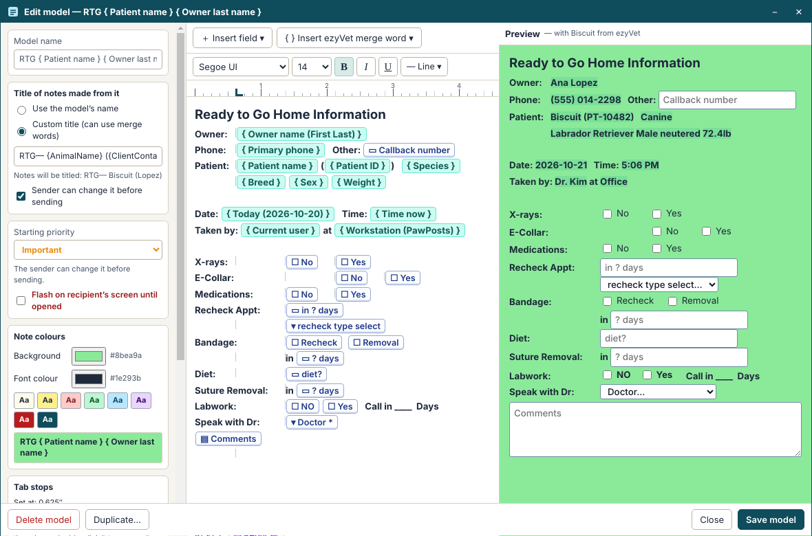 The model editor: formatted text, ezyVet merge words, fill-in fields, a ruler with tab stops and a live preview