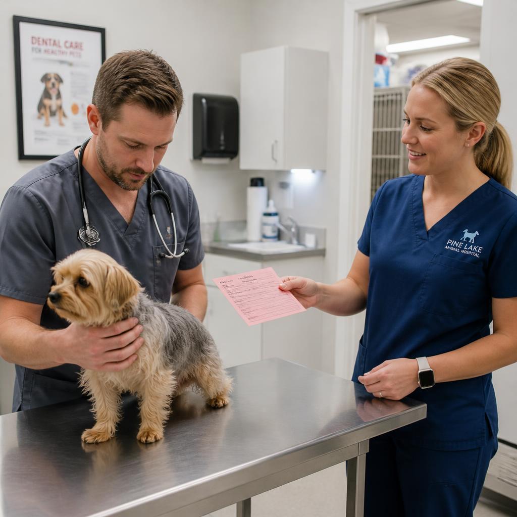 A receptionist handing a paper note to a veterinarian who is examining a small dog, crossed out with a red no sign